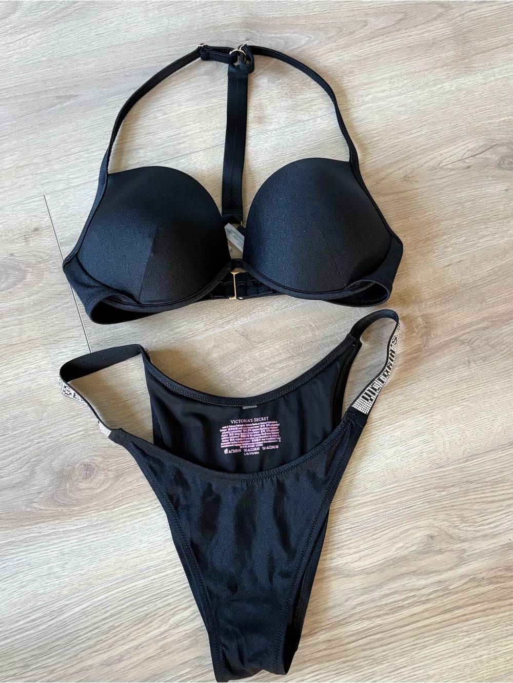 Victoria's Secret Black Halter Push-Up Bikini Set with Logo Straps